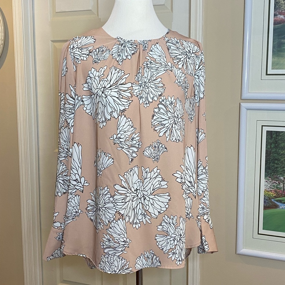 H&M Peach Floral Long-Sleeve Blouse with White Flower Print
